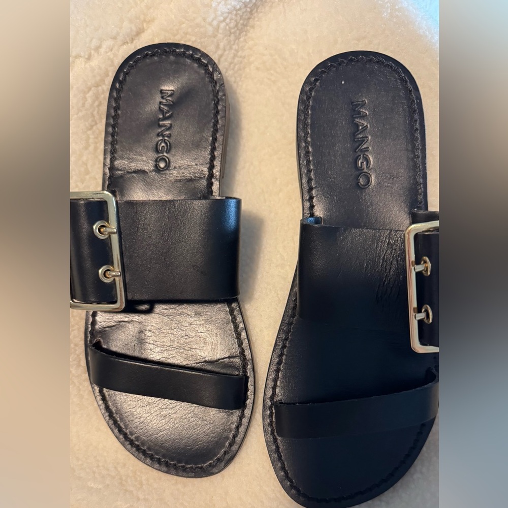 Mango Black Leather Slide Sandals